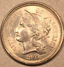 1865, MS63   Three Cent Nickel Piece, nice luster - neat coin with quadruple struck clashed dies and small peeled planchet on reverse.