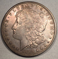 1888 S Morgan Dollar, AU, cleaned with hairlines beige/grey toning
