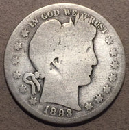 1893-S Barber Half Dollar, Grade=G/AG, cleaned