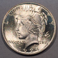 1924 Peace Dollar, MS65, one tiny tone spot on rev.