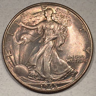 1945 Walking Half Dollar, Grade= MS65, beautiful even peach toning