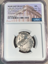 Silver Egyptian Struck Owl, Shocking Luster! 5th-4th century BC, Tetrdrachm, NGC Mint State strike 5/5, surface 3/5