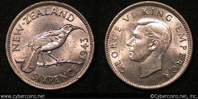 New Zealand, 1943, 6 pence, UNC, KM8