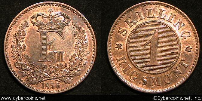 Denmark, 1856, 1 Skilling, UNC/AU, KM763