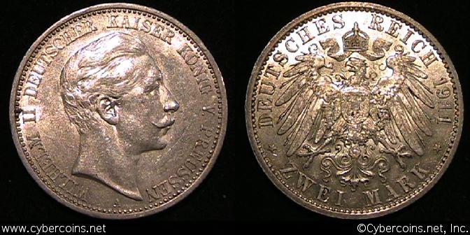 Prussia, 1911A, 2 Marks, AU, KM522 - great