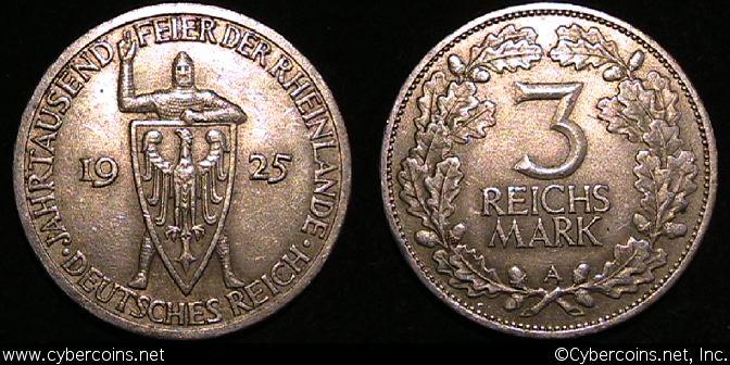 Germany, 1925A, 3 marks, AU, KM46 - light