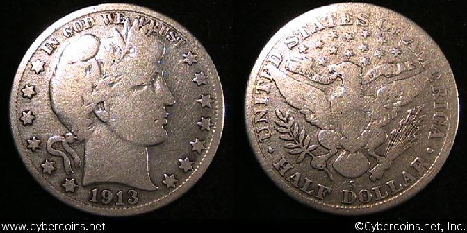 1913-S Barber Half Dollar, Grade= VG