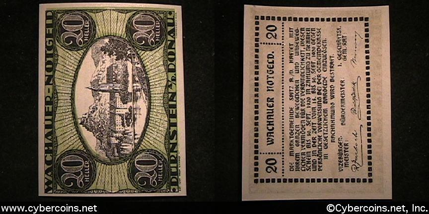 Austrian notgeld, Durnstein, 20 Heller, UNC.