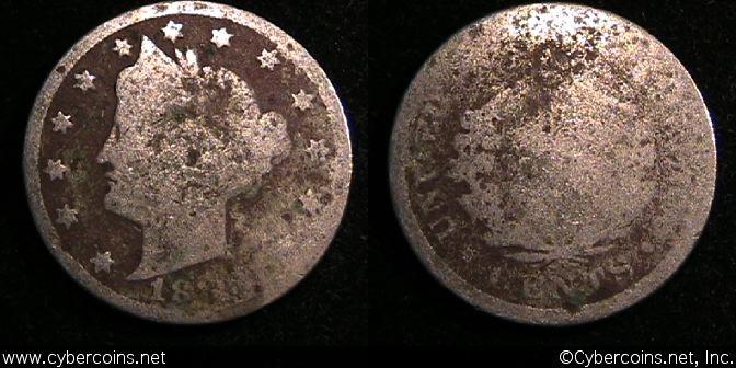 1886 V Nickel, Grade= AG, corroded - weak
