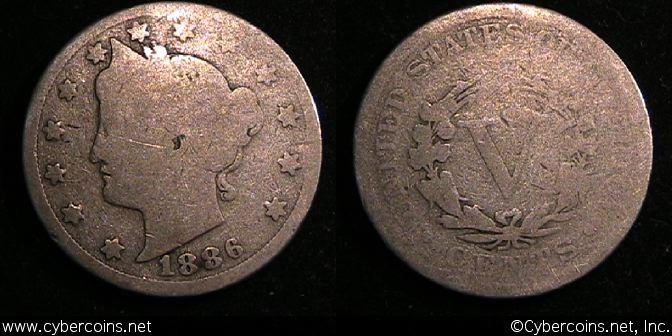 1886 V Nickel, Grade= G, nice. Exact coin