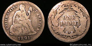 1891 Seated Dime, Grade= VG