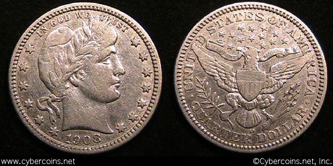 1908-D Barber Quarter, Grade= VF