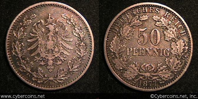 Germany, 1877A, 50 pfennig, VF, KM8 -