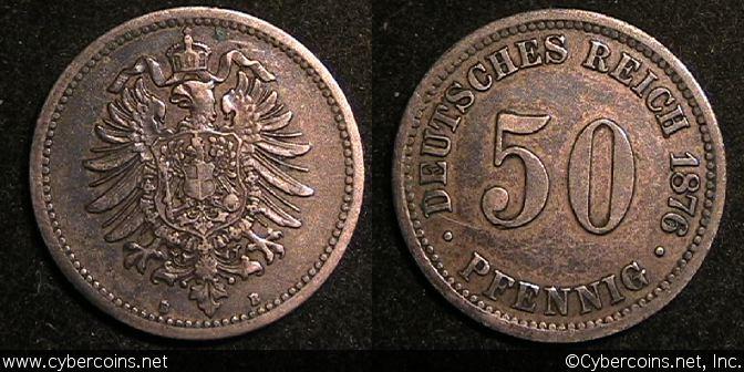 Germany, 1876B, 50 pfennig, VF/XF, KM6