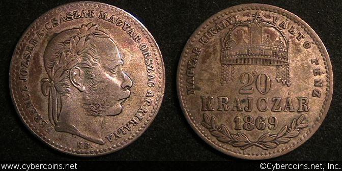 Hungary, 1869KM, 20 Krajczar, KM446.1, VF