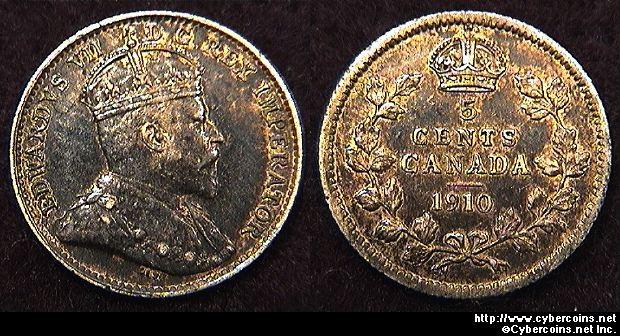 1910 pointed, Canada 5 cent, KM13, F. Average