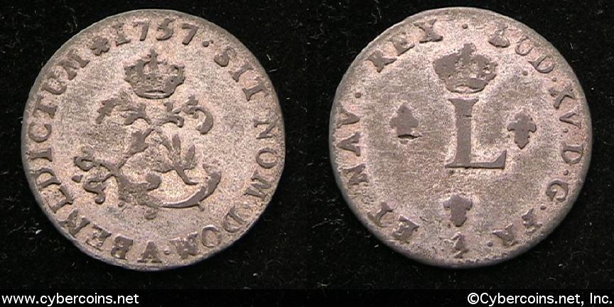 French colonies sou marque, 1757 A, AU