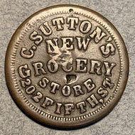 Civil War Token, 1863, C Sutton’s, XF damaged, New Grocery Store, Double sruck date and last S on Suttons OH-165-F2-1a, Store Card Token