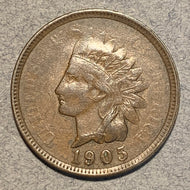 1905 Indian Cent, Grade= XF, Error- Strike through on large area of obv.