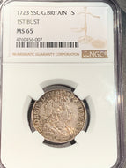 Great Britain, 1723 SSC Shilling, NGC MS65, 1st bust. Only seven coins graded this high and the second highest grade known. Sir Isaac Newton was the master of the Royal Mint when this coin was struck! (1699-1727)