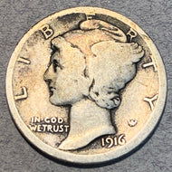 1916-D Mercury Dime VG, Liberty Head dime