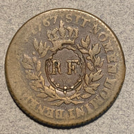 French Colonies, 1767, Sou, Counter-stamped RF. Louisiana RF Louis XV