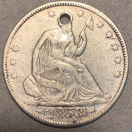 1853 Seated Half Dollar, Grade= XF arrows and rays, cleaned and 2mm hole