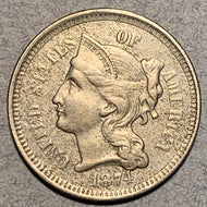 1874, XF  Three Cent Nickel Piece