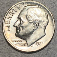 1982 Roosevelt Dime, MS64, Two errors No “P” mintmark and slight brockage.