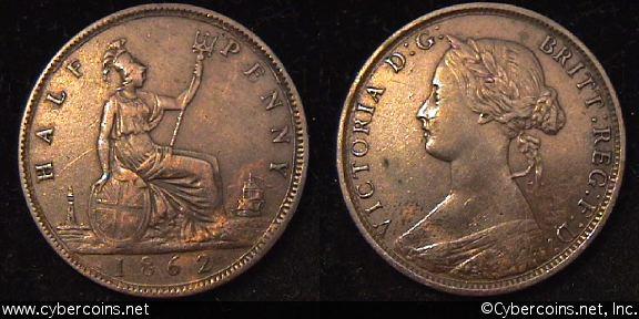 Great Britain, 1862, 1/2 penny, VF/XF, KM748.2