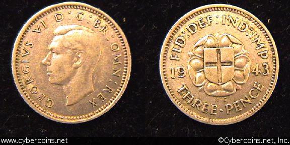 Great Britain, 1943, 3 pence, XF, KM848