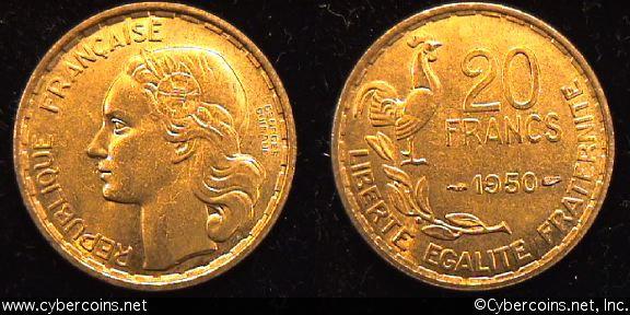 France, 1950, 20 francs, AU, KM916.1  - 3 plumes
