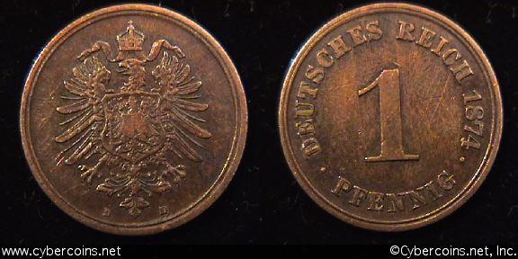 Germany, 1874D, 1 pfennig, XF, KM1