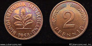 Germany, 1958J,  2 pfennig,  UNC, KM106