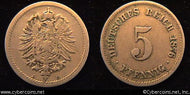 Germany, 1876D, 5 pfennig,  XF-, KM3