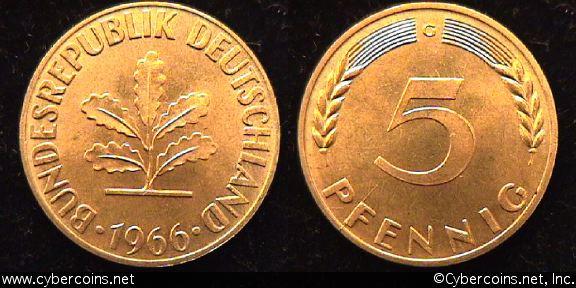 Germany, 1966G, 5 pfennig, BU, KM107