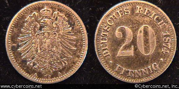 Germany, 1874A, 20 pfennig, XF, KM5
