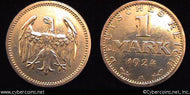 Germany, 1924A, 1 mark, XF- cleaned, KM42 - silver .500
