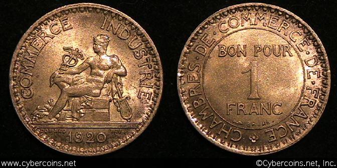 France, 1920,  Franc, KM876, AU with some