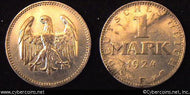 Germany, 1924F,  1 mark,  XF, KM42 -