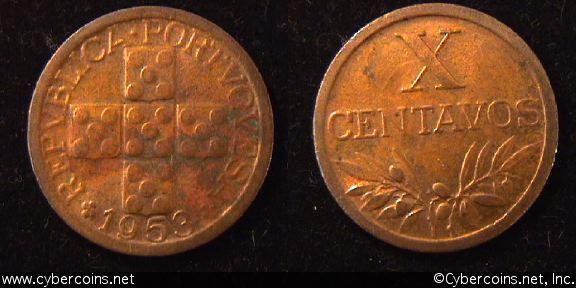 Portugal, 1953, 10 centavos, XF, KM583