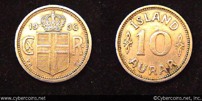 Iceland, 1936, XF, KM1.1 - 10 aurar