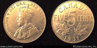 1931, Canada 5 cent, KM29, XF. Average