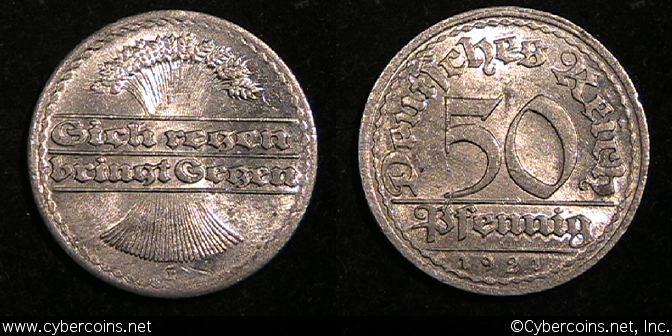 Germany, 1921F/G, 50 pfennig, AU, KM27