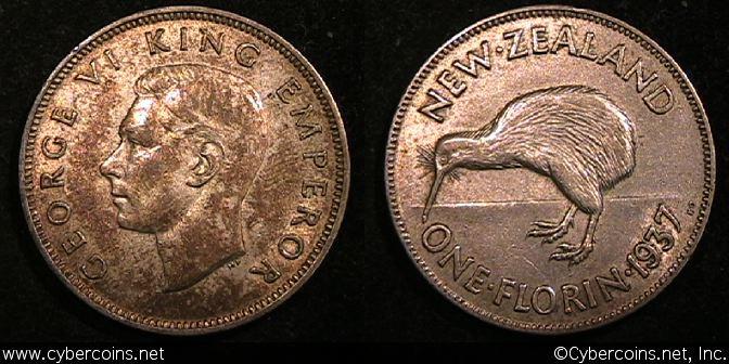 New Zealand, 1937, VF, KM10.1 - 1 florin