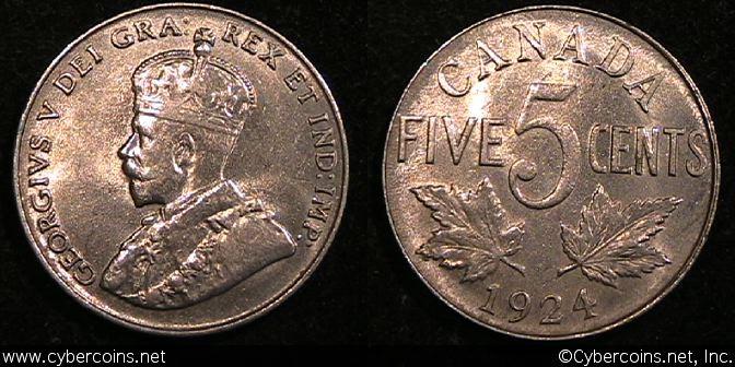 1924, Canada 5 cent, KM29, XF. Strong strike