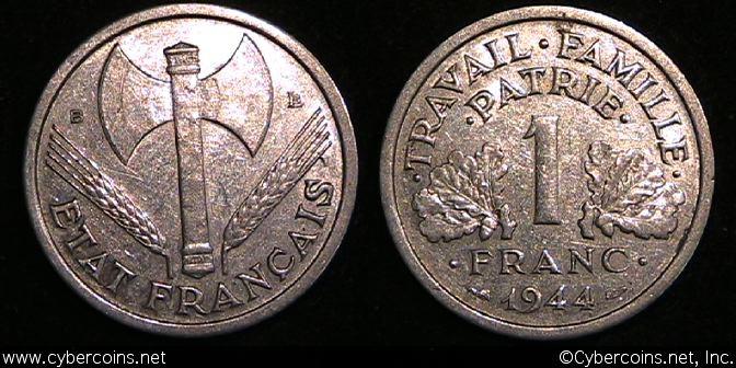 France, 1944B,  1 franc, XF, KM902.2