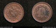 Switzerland, 1911B, 1 rappen, XF, KM3.2