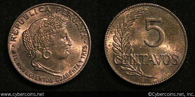 Peru, 1943, 5 centavos, XF, KM213.2a.1