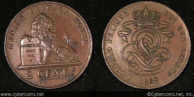 Belgium, 1862, 2 centimes, VF, KM4.2